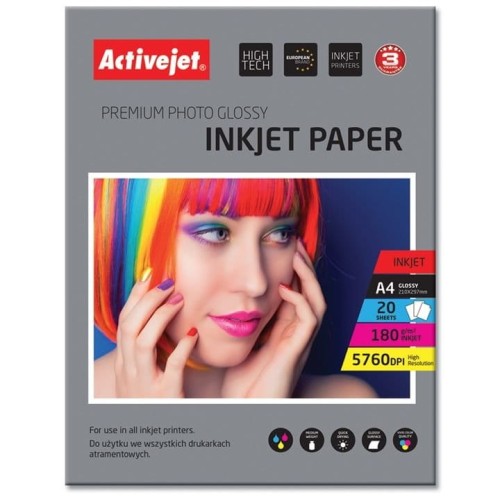 Papier fotograficzny Activejet A-4, 20 arkuszy, błyszczący
