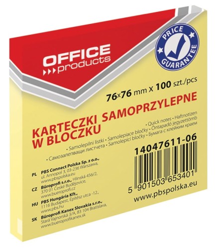 Notes samoprzylepny Office Products 76x76mm, żółty, 100 kartek