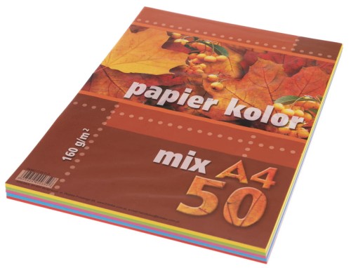 Papier kolorowy A-4 160g/m², 50 arkuszy, miks kolorów