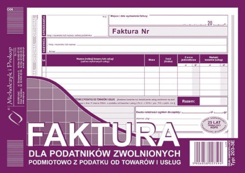Faktura dla podatników zwolnionych podmiotowo z podatku od towarów i usług /203-3E