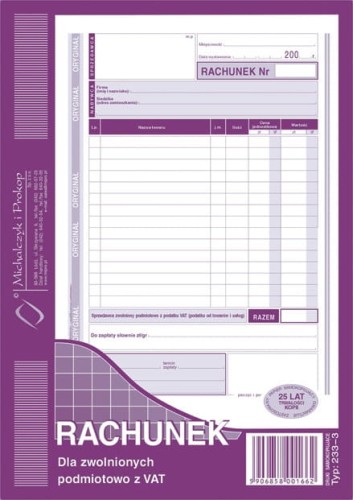 Rachunek dla zwolnionych podmiotowo z VAT, pion, /233-3