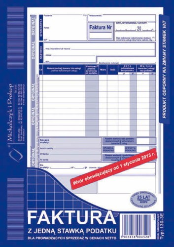 Faktura z jedną stawką podatku dla prowadzących sprzedaż w cenach netto /130-3E