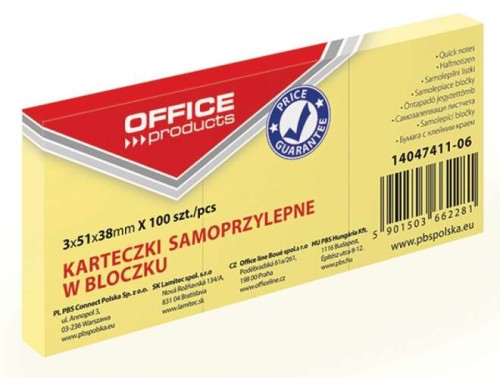 Notes samoprzylepny Office Products, 38x51mm, żółty