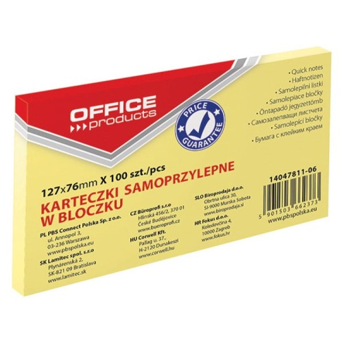 Notes samoprzylepny Office Products, 75x102mm, żółty, 100 kartek