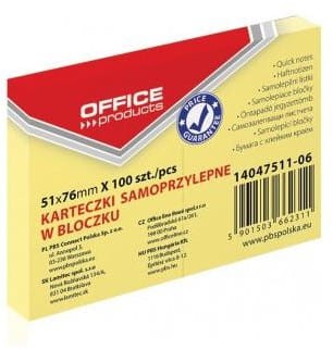 Notes samoprzylepny Office Products, 50x76mm, żółty, 100 kartek