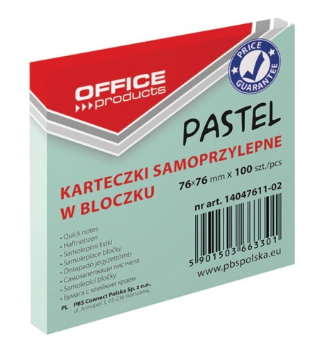 Notes samoprzylepny Office, 75x75mm, pastelowy zielony, 100 kartek