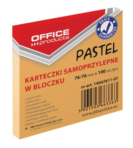 Notes samoprzylepny Office, 75x75mm, pastelowy pomarańczowy, 100 kartek