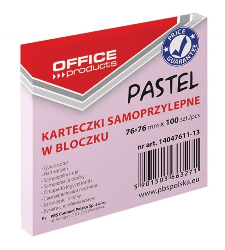 Notes samoprzylepny Office, 75x75mm, pastelowy różowy, 100 kartek