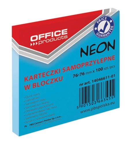 Notes samoprzylepny Office Products, 75x75mm, neon niebieski, 100 kartek