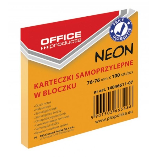 Notes samoprzylepny Office Products, 75x75mm, neon pomarańczowy, 100 kartek