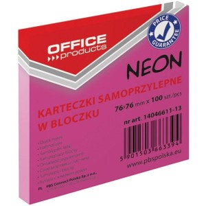 Notes samoprzylepny Office Products, 75x75mm, neon różowy, 100 kartek