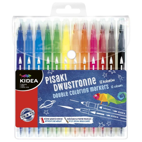 Pisaki dwustronne pędzelkowe Kidea, 12 kolorów