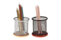 Kubek przybornik na długopisy NET, czarny, druciany z drewnem