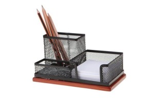 Przybornik na biurko NET, 3 elementy, czarny, druciany z drewnianą podstawą