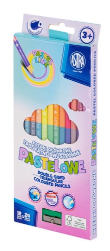 Kredki ołówkowe trójkątne Astra pastelowe dwustronne 24 kolory + temperówka
