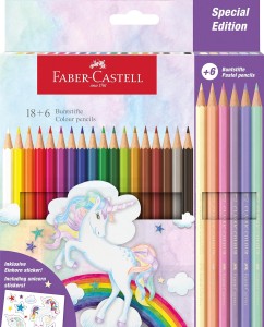 Kredki ołówkowe Faber Castell Unicorn, 18 kolorów + 6 kolorów pastelowych + naklejki