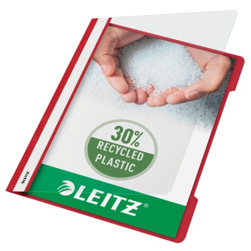 Skoroszyt plastikowy Leitz A-4, w 30% z przedużytkowego tworzywa z odzysku, czerwony