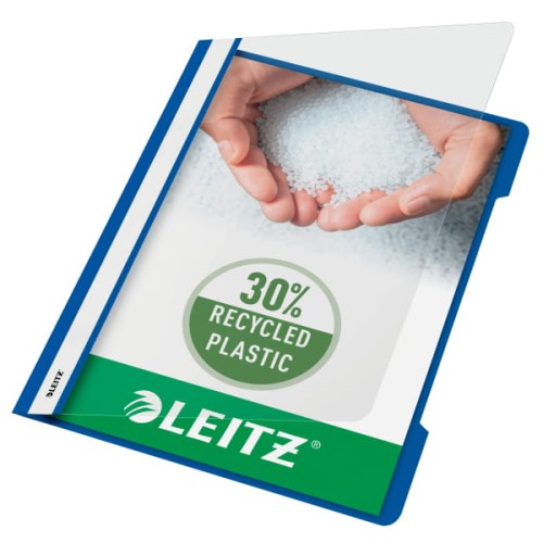 Skoroszyt plastikowy Leitz A-4, w 30% z przedużytkowego tworzywa z odzysku, niebieski