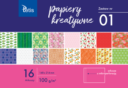 Papier kreatywny Tetis A-5 100g, 16 arkuszy z perforacją (zestaw nr 1)