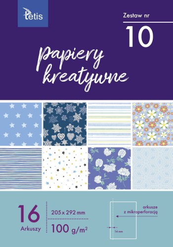 Papier kreatywny Tetis A-4 100g, 16 arkuszy z perforacją (zestaw nr 10)
