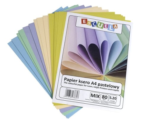 Papier kolorowy Escuela A-4 80g/m², 100 arkuszy (5 kolorów), pastel