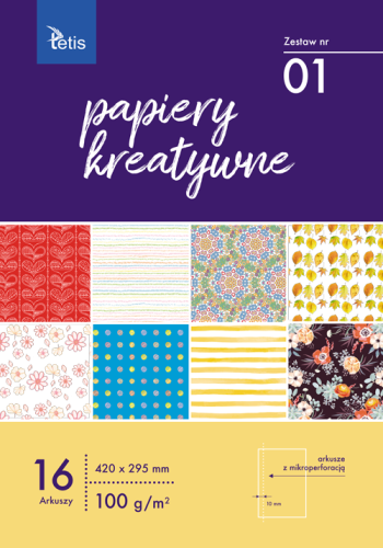 Papier kreatywny Tetis A-3 100g, 16 arkuszy z perforacją (zestaw nr 1)