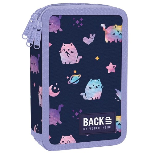 Piórnik BackUP Violet Kittens potrójny z wyposażeniem – tęczowe kotki na fioletowym tle