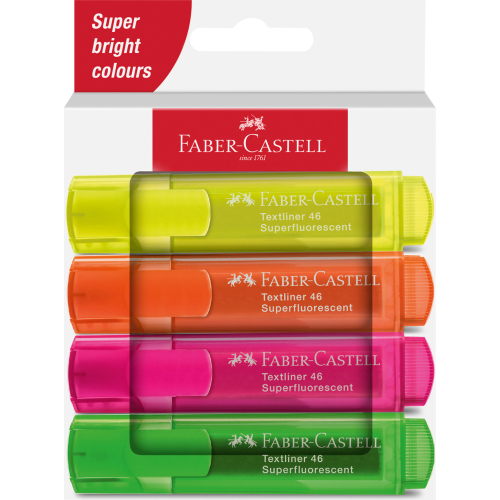 Zakreślacze Faber-Castell 1546 Neonowe 4 kolory – Opakowanie kartonowe