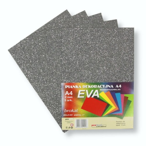 Pianka EVA brokatowa biodegradowalna A4 srebrna – zestaw 5 arkuszy