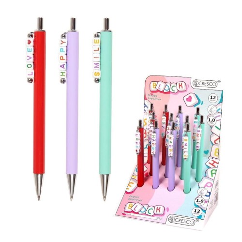 Długopis Cresco BLOCK mix kolorów – LOVE, HAPPY, SMILE – niebieski wkład 1 mm