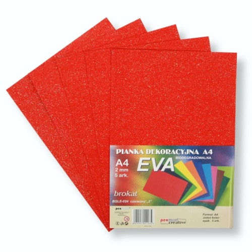 Pianka EVA brokatowa biodegradowalna A4 czerwona – zestaw 5 arkuszy 