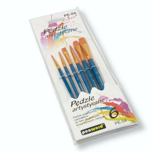 Zestaw 6 pędzli artystycznych nylonowych – okrągłe i płaskie