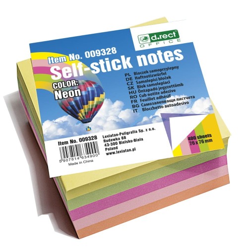 Notes samoprzylepny D.Rect, 76x76 mm neon, 400 sztuk