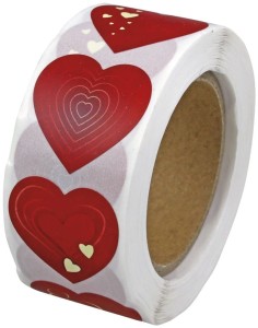 Naklejki papierowe na taśmie Titanum  500 sztuk – czerwone serca, 4 wzory 