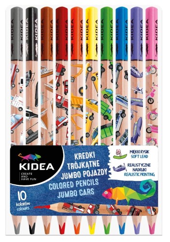 Kredki trójkątne Jumbo Kidea Pojazdy, 10 kolorów