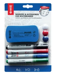 Marker suchościeralny MemoBe 4 kolory + gąbka, magnesy