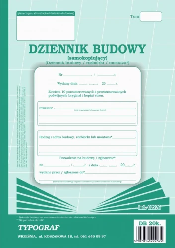 Dziennik budowy Typograf  A4 samokopiujący 20 kartek 