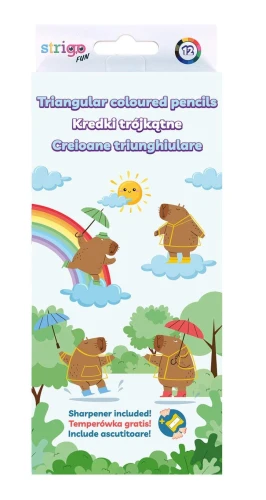 Kredki ołówkowe trójkątne Strigo Kapibara, 12 kolorów z temperówką