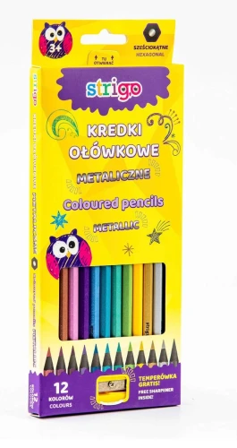 Kredki ołówkowe Strigo  metaliczne, 12 kolorów z temperówką