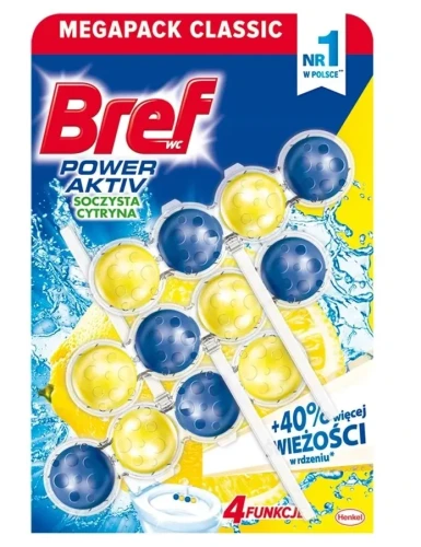 Kostka zapachowa do toalet, zawieszka Bref Power Aktiv Lemon 3 x 50 g 