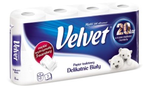 Papier toaletowy Velvet, 3 warstwy, biały, 8 rolek