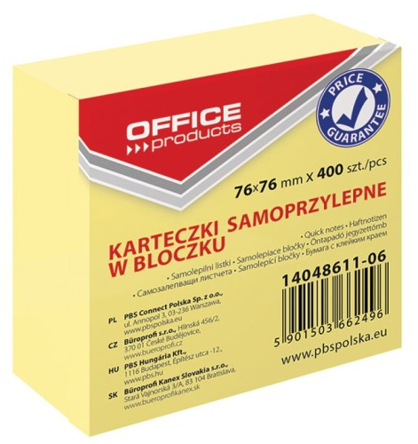 Notes samoprzylepny Office Products, 76x76mm , żółty, 400 kartek