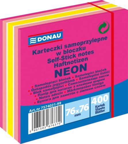 Notes samoprzylepny Donau,76x76 mm, neon pastel mix różowy, 400 kartek